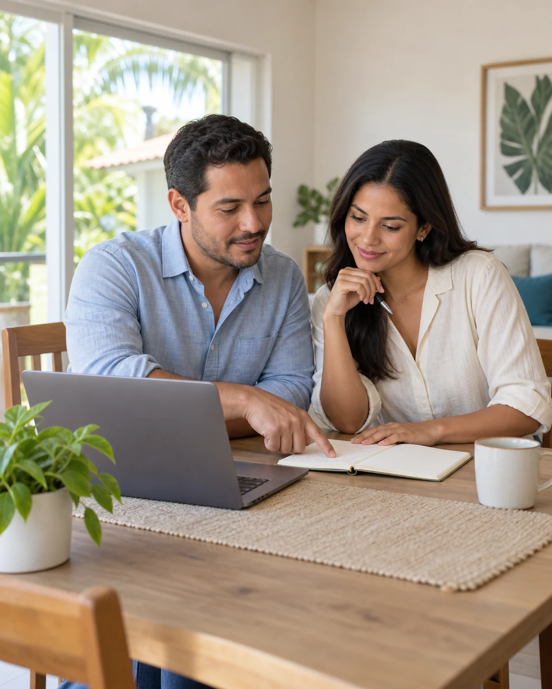 Ilustración IA de una pareja revisando información para planificar su vivienda