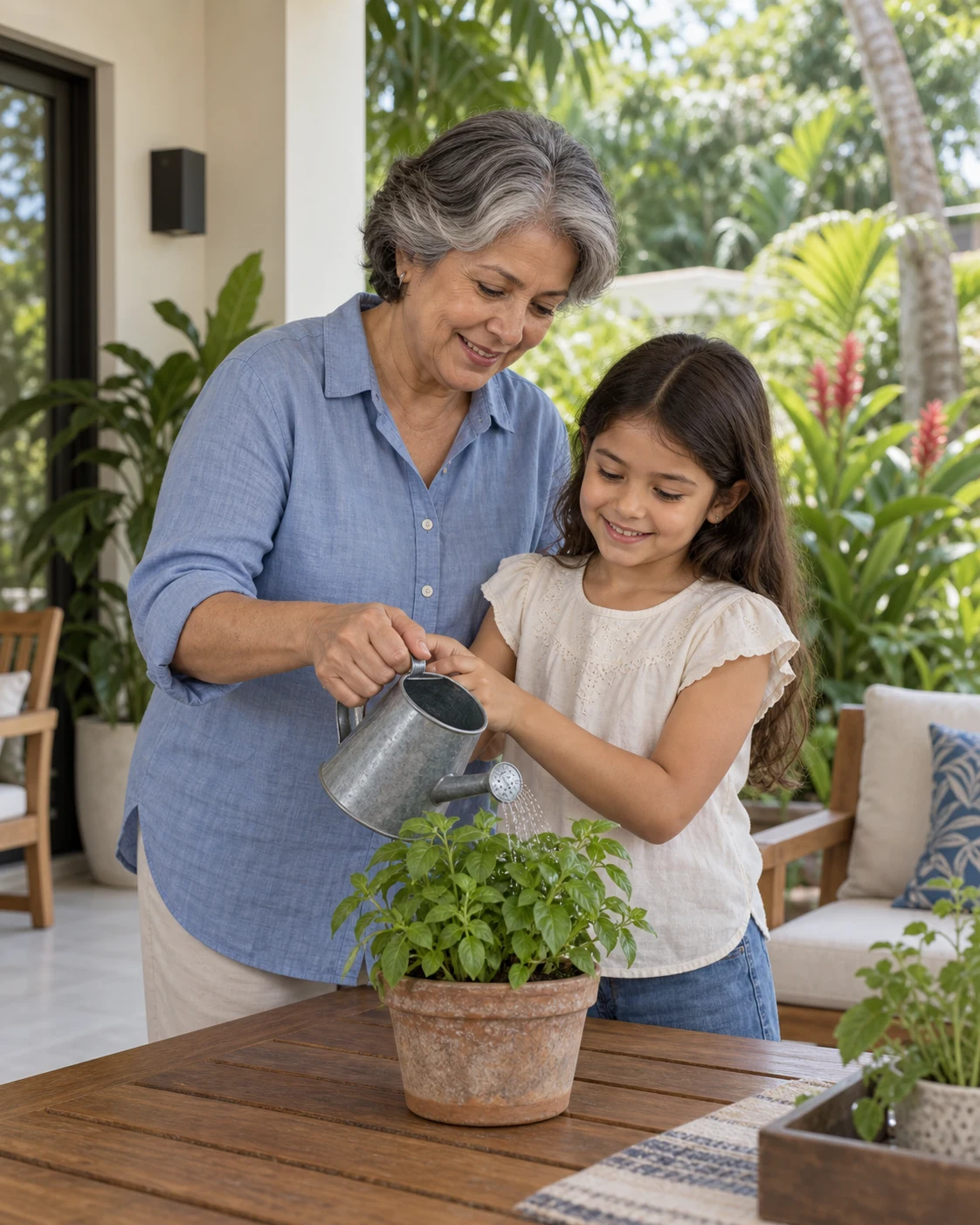 Ilustración IA de una abuela y su nieta cuidando una planta en la terraza