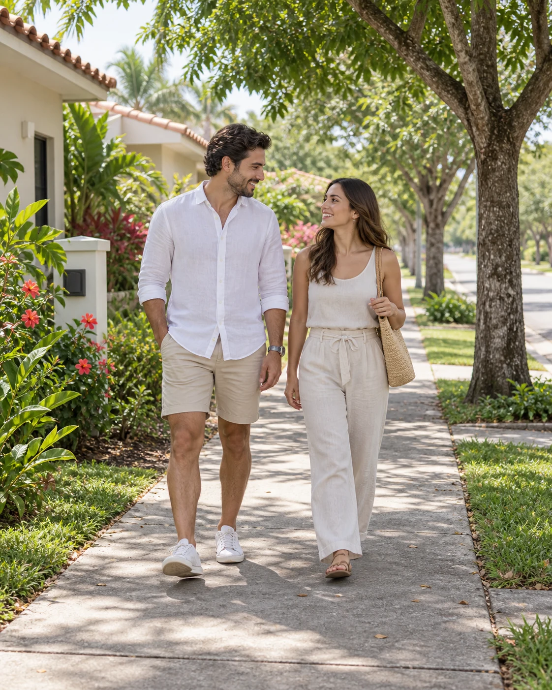 Ilustración IA de una pareja caminando por un barrio con jardines tropicales