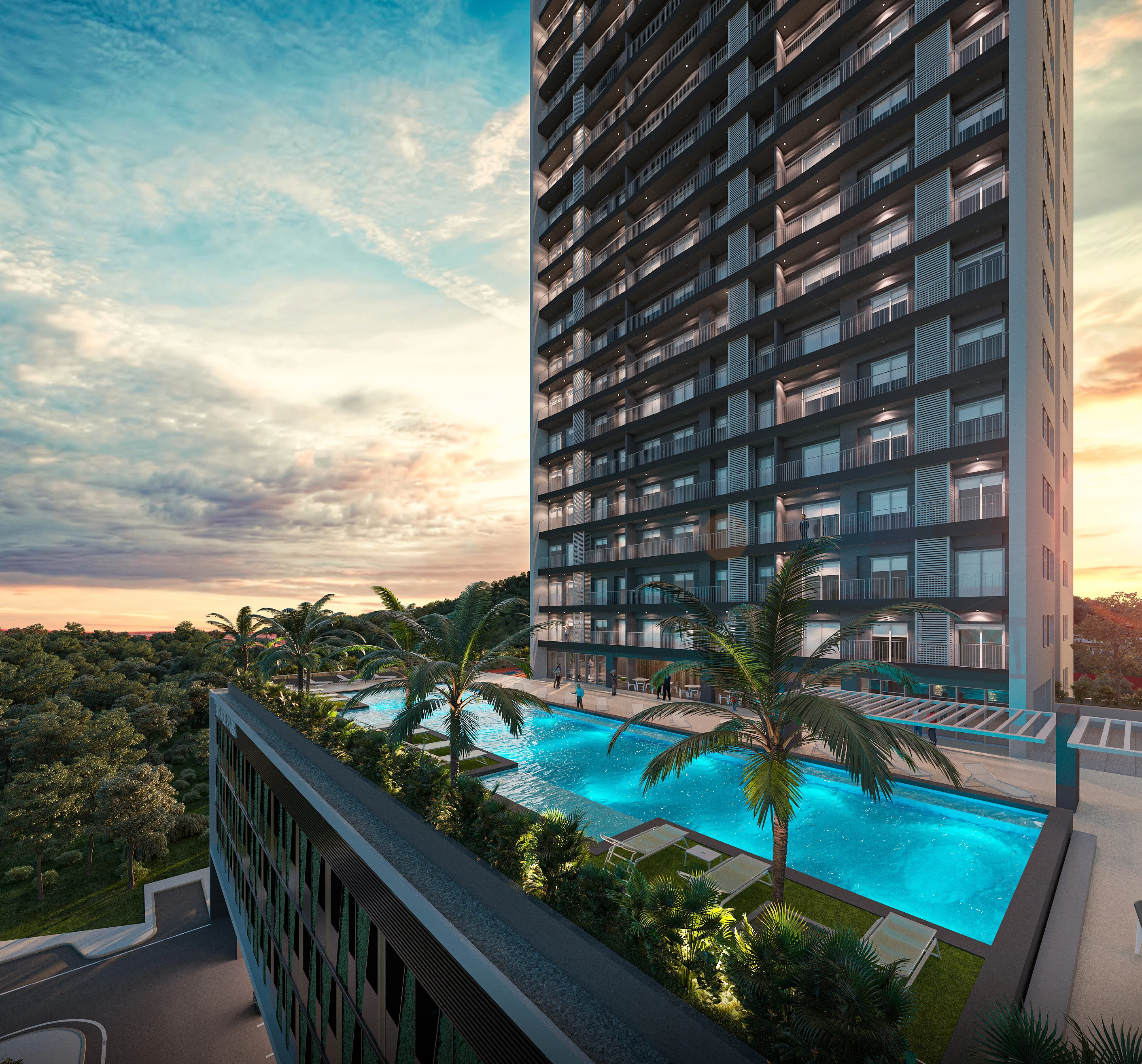 Visualización de la piscina y el área social de Terrace Park