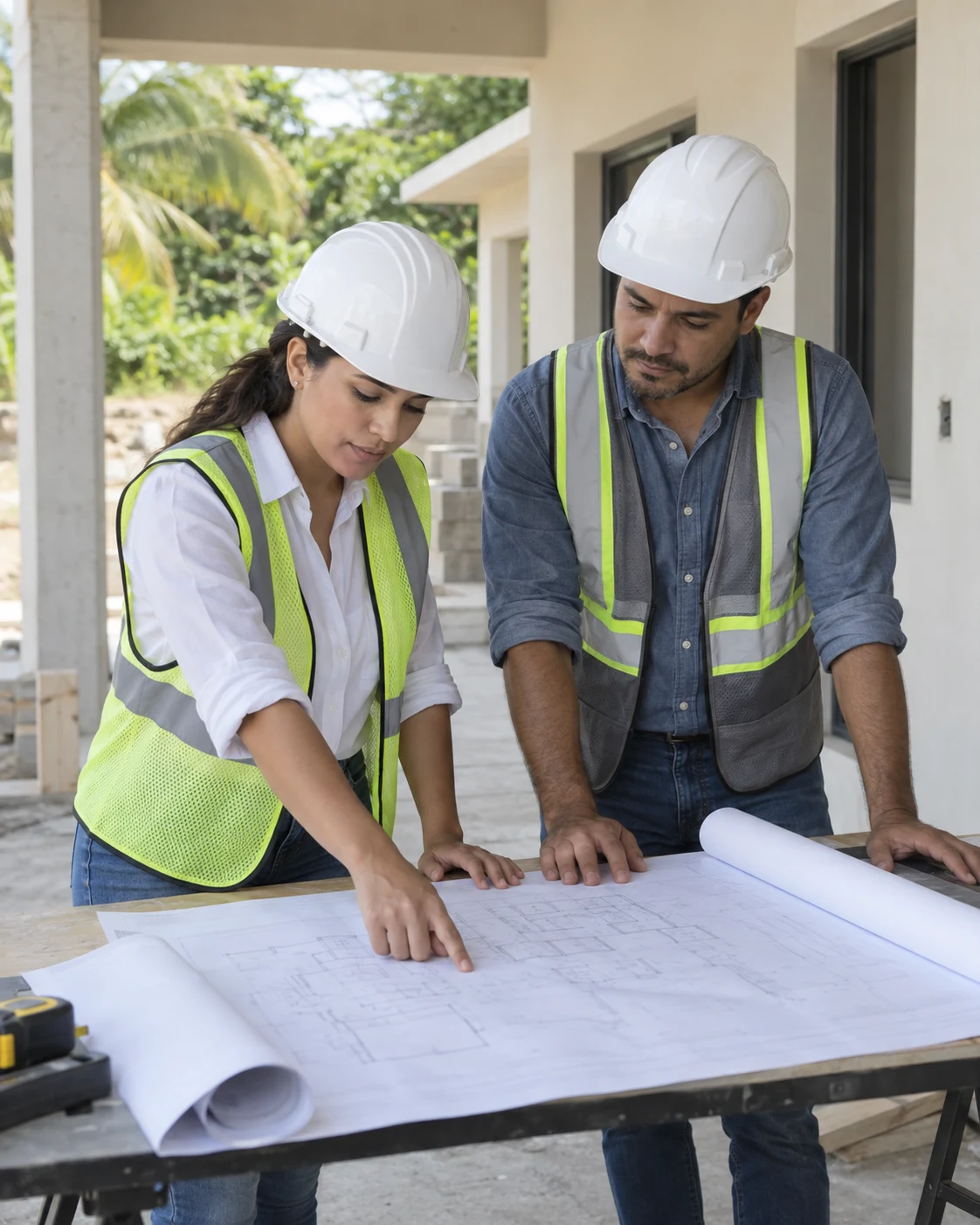 Ilustración IA de dos profesionales revisando planos en una obra residencial
