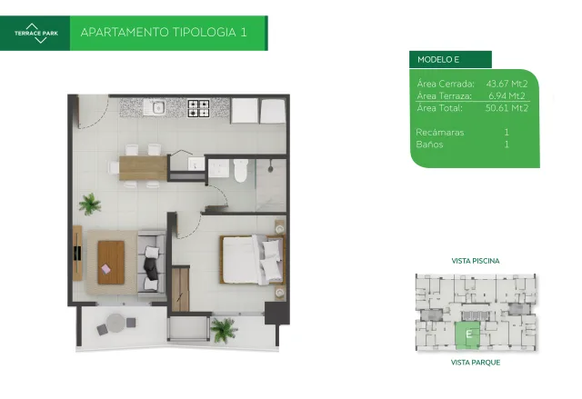 Sales floor plan for Terrace Park Modelo E, tower 1