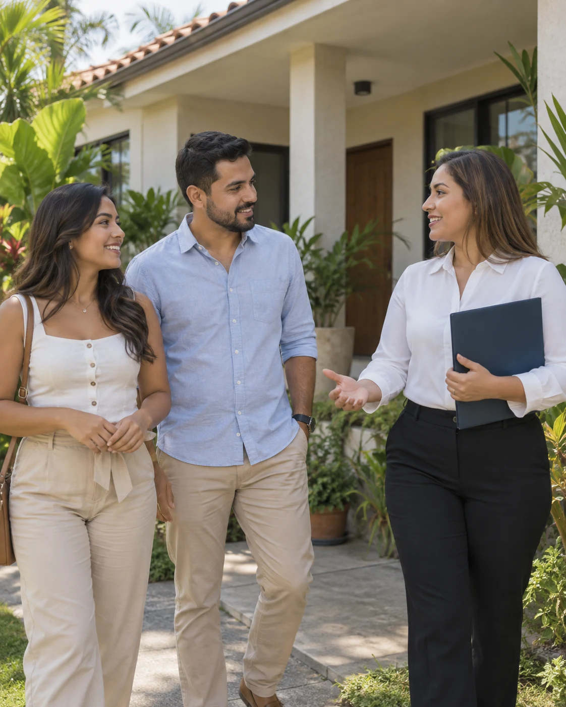 AI illustration of a couple talking to an adviser during a residential property visit