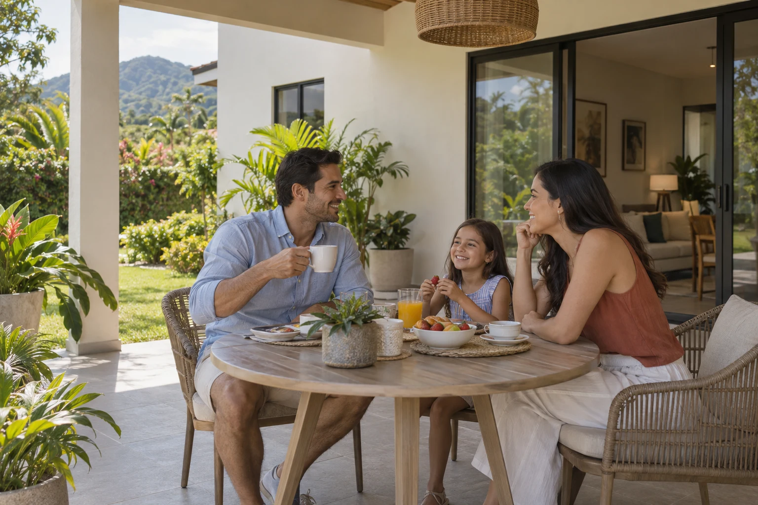 Ilustración IA de una familia compartiendo en una terraza rodeada de vegetación